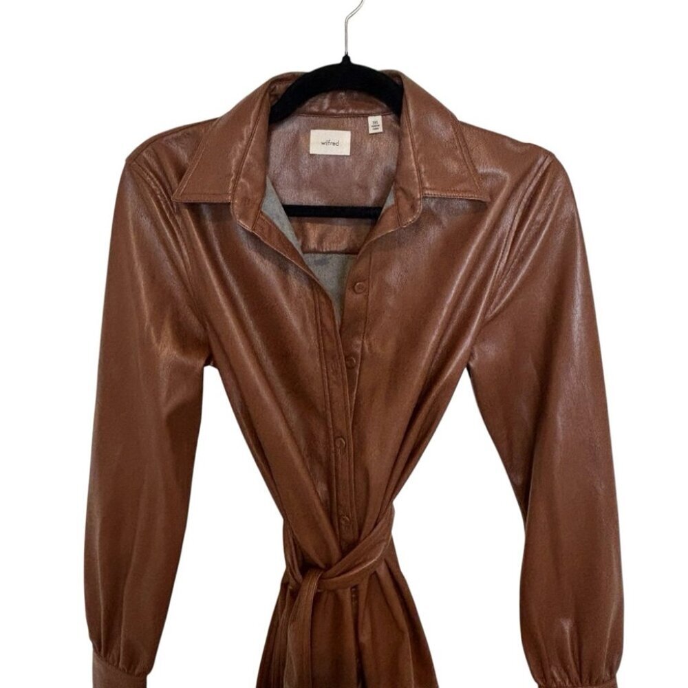 Wilfred Aritzia Caroline Faux Vegan Leather Belted Collared Shirt Dress Size XXS